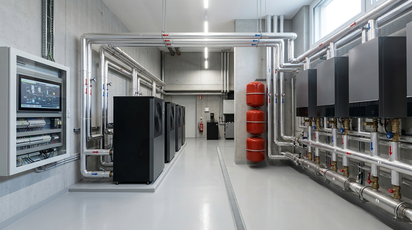 Chaufferie centralisée moderne d'immeuble résidentiel avec pompes à chaleur en cascade pour régies immobilières dans le Canton de Vaud